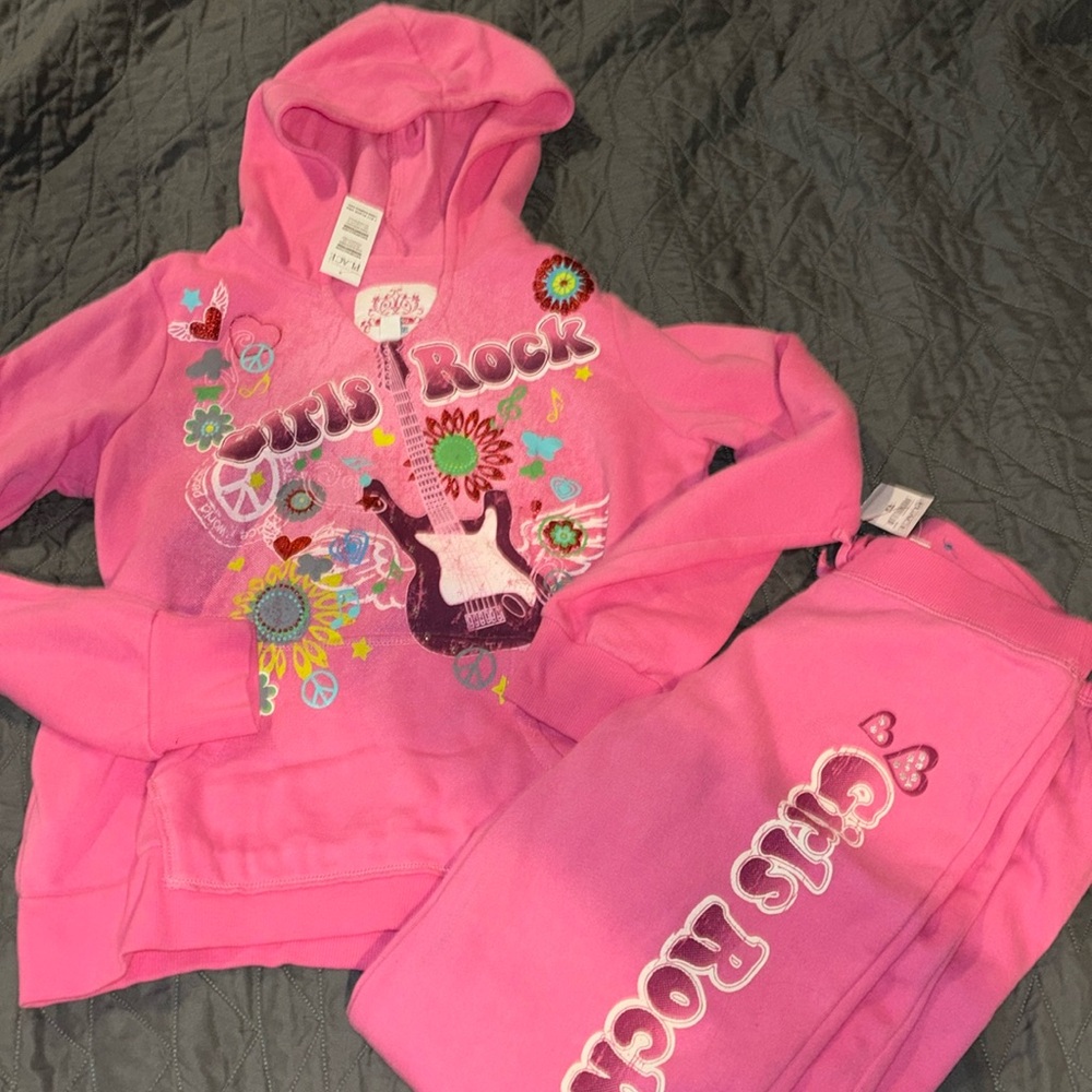 New NWT children’s place pink girls rock hoodie sz 14 and sweat pants 12